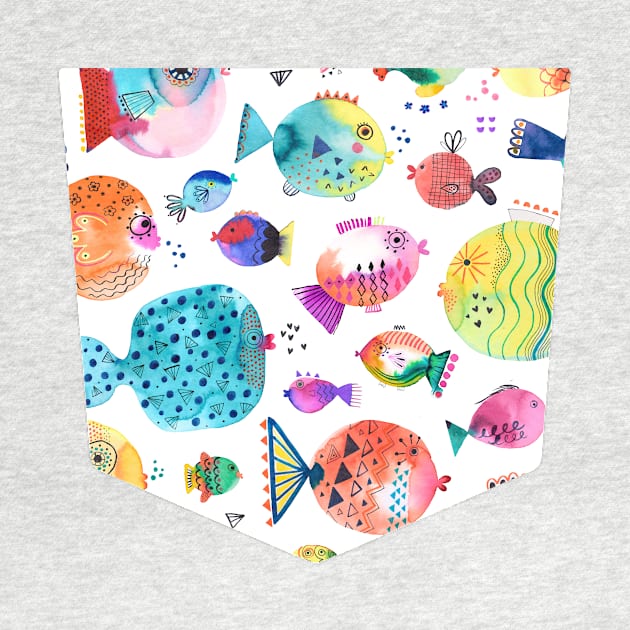Pocket - Cute Puffer Fishes Watercolor Multi by ninoladesign